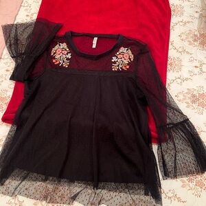 Xhilaration Black Sheer Polka Dot Mesh Top with Floral Detail